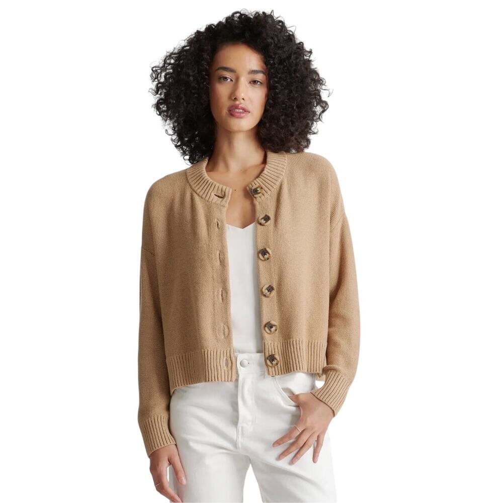 Quince 100% Organic Cotton Women's Cropped Cardigan Camel Tan Small Boxy Loose